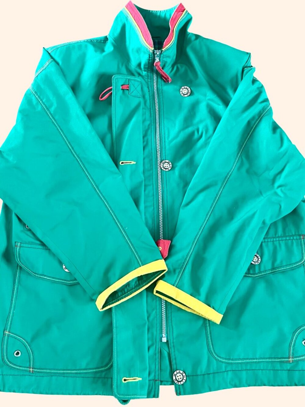 Vintage Nuage Colorblock Jacket – Teal Green w/ Red & Yellow Details Size Medium